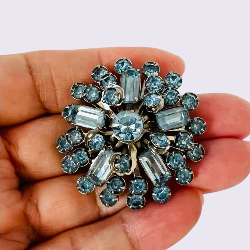 Vintage Crystal Brooch, Dark And Light Blue silver tone